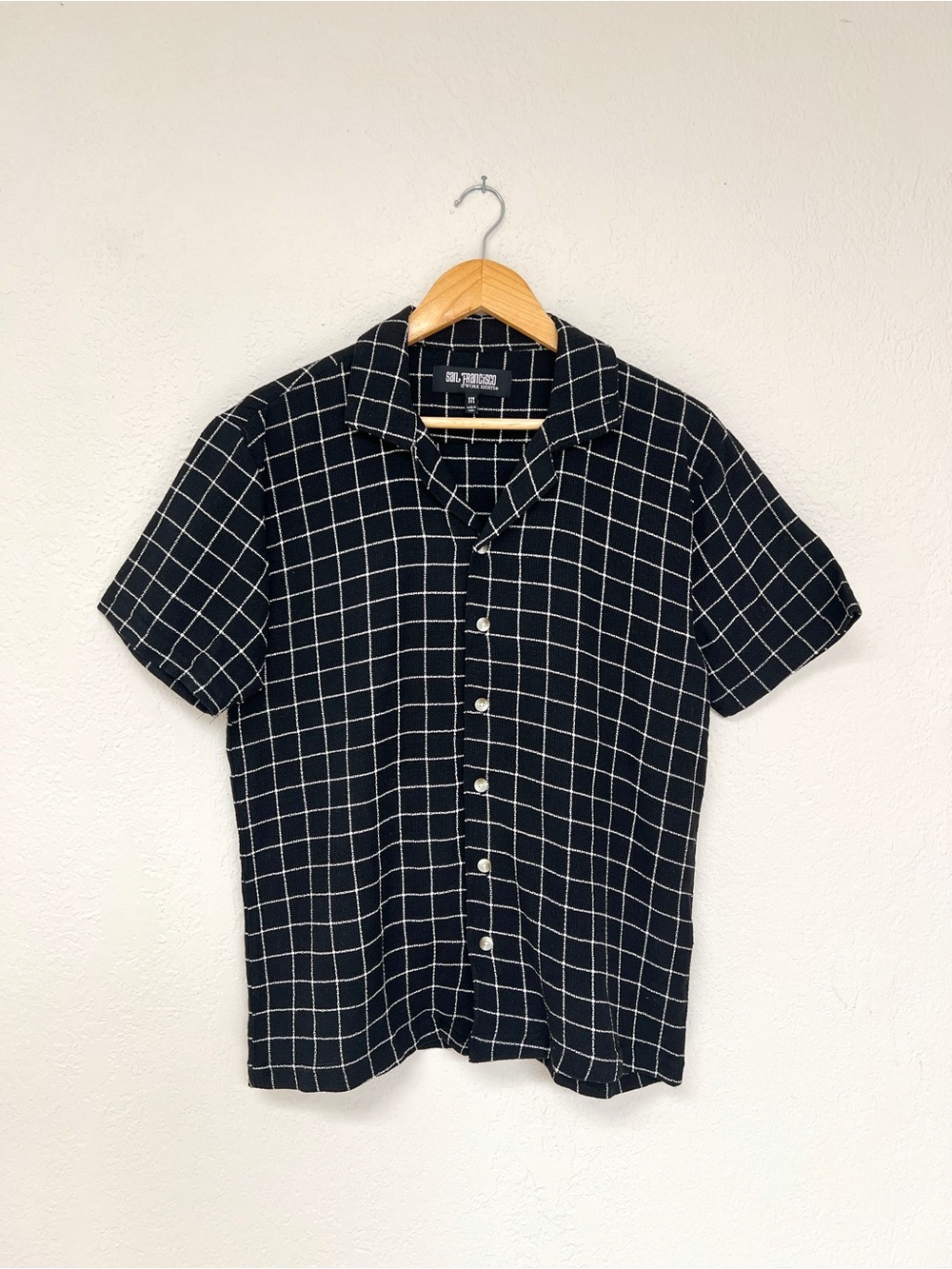 SAN FRANCISCO WORK SHIRT black and white windowpane camp shirt / size M